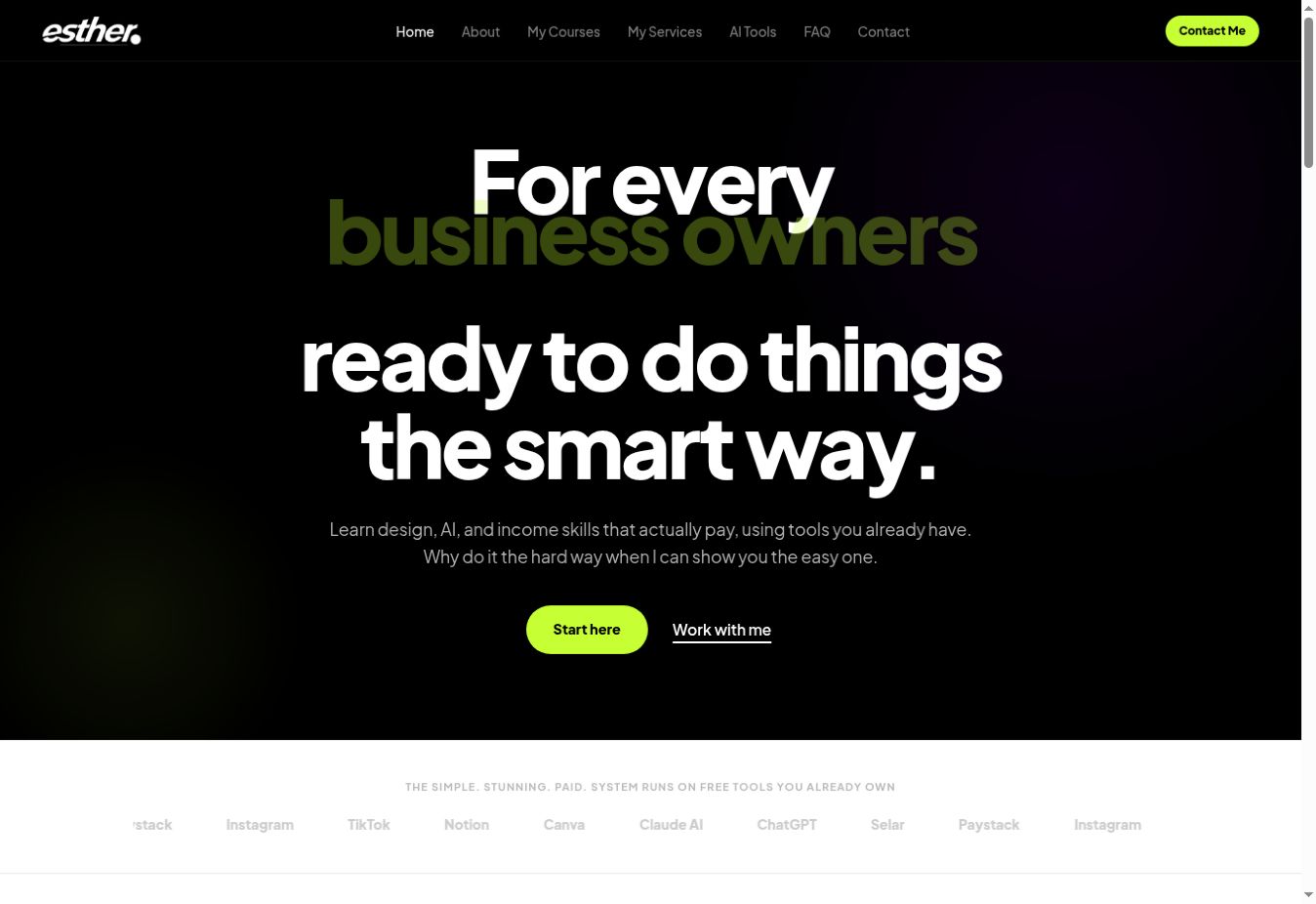 Instructor site example: Esther Adebayo’s personal-brand website
